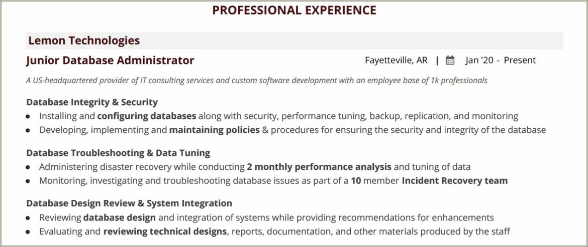 Mysql Dba Resume For 1 Year Experience