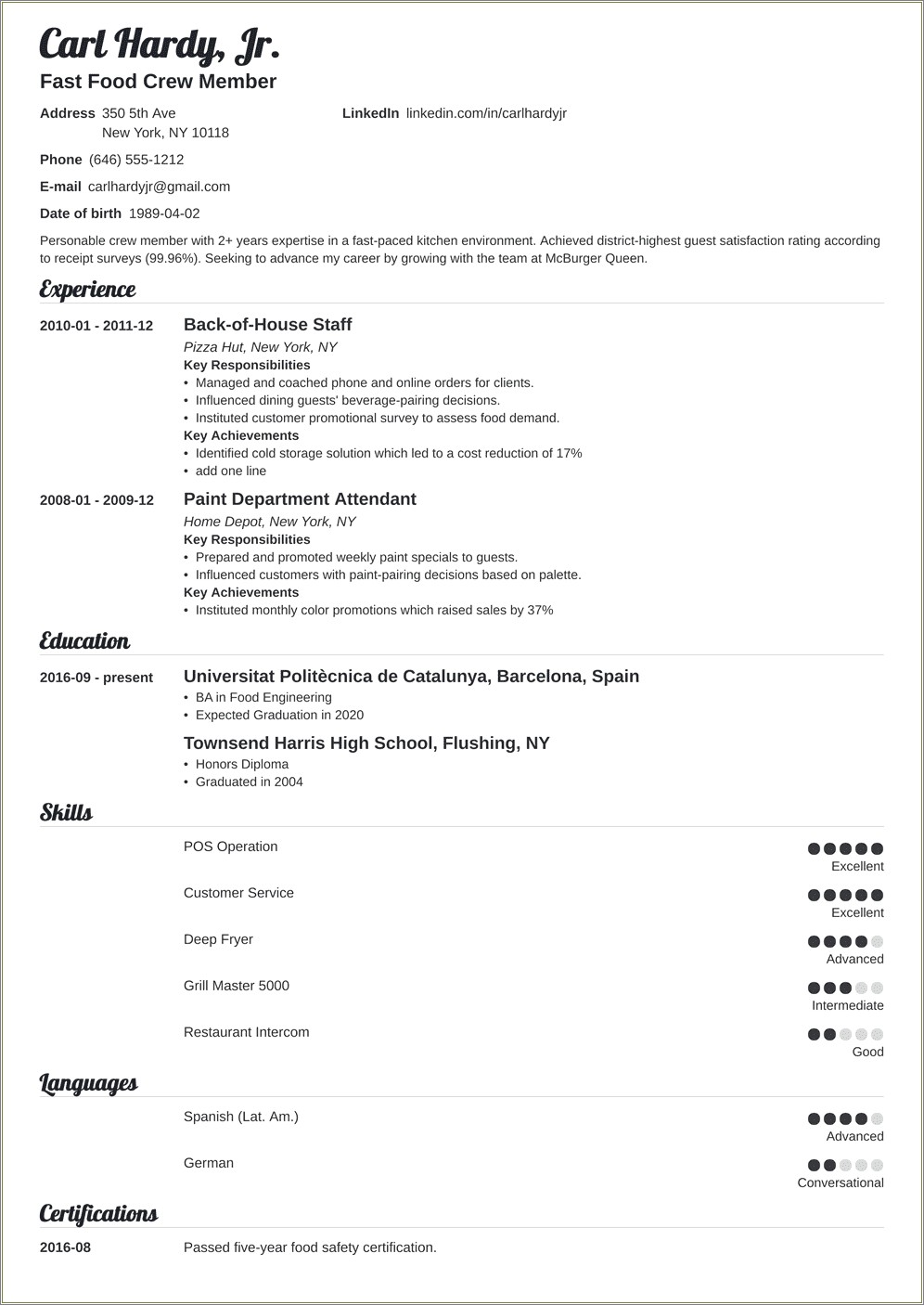 Name For Fast Food Worker For Resume