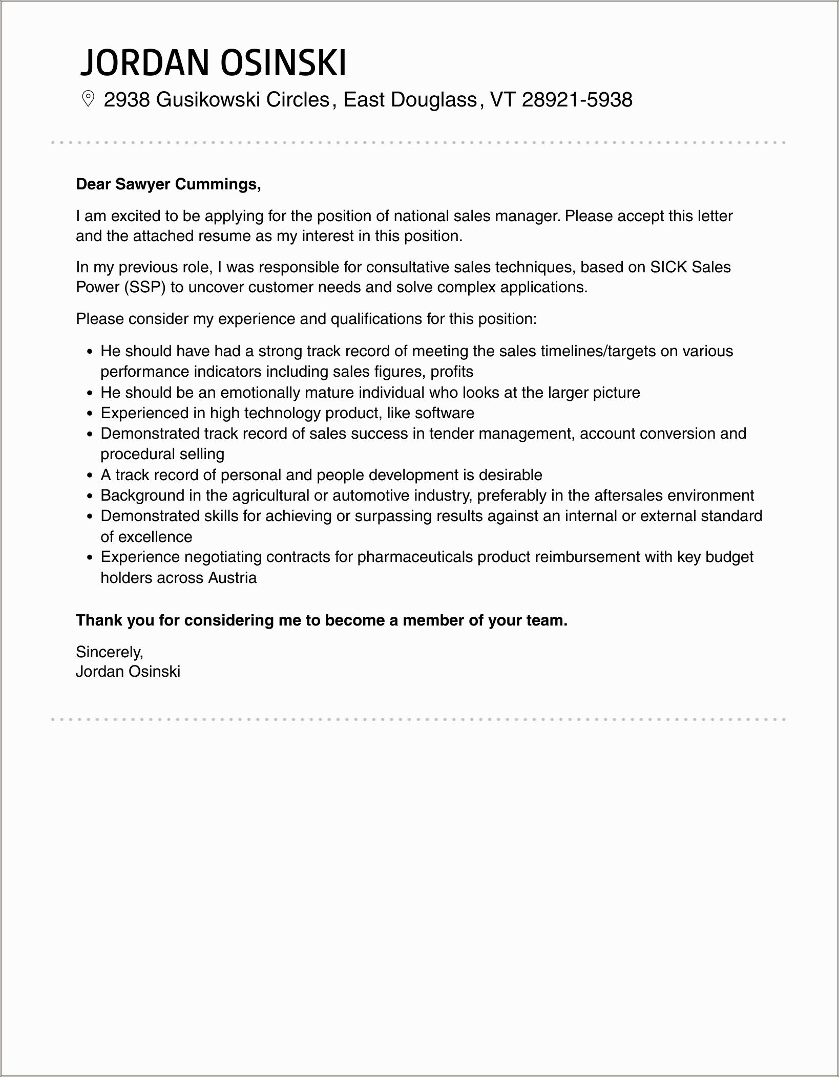 National Sales Manager Resume Cover Letter