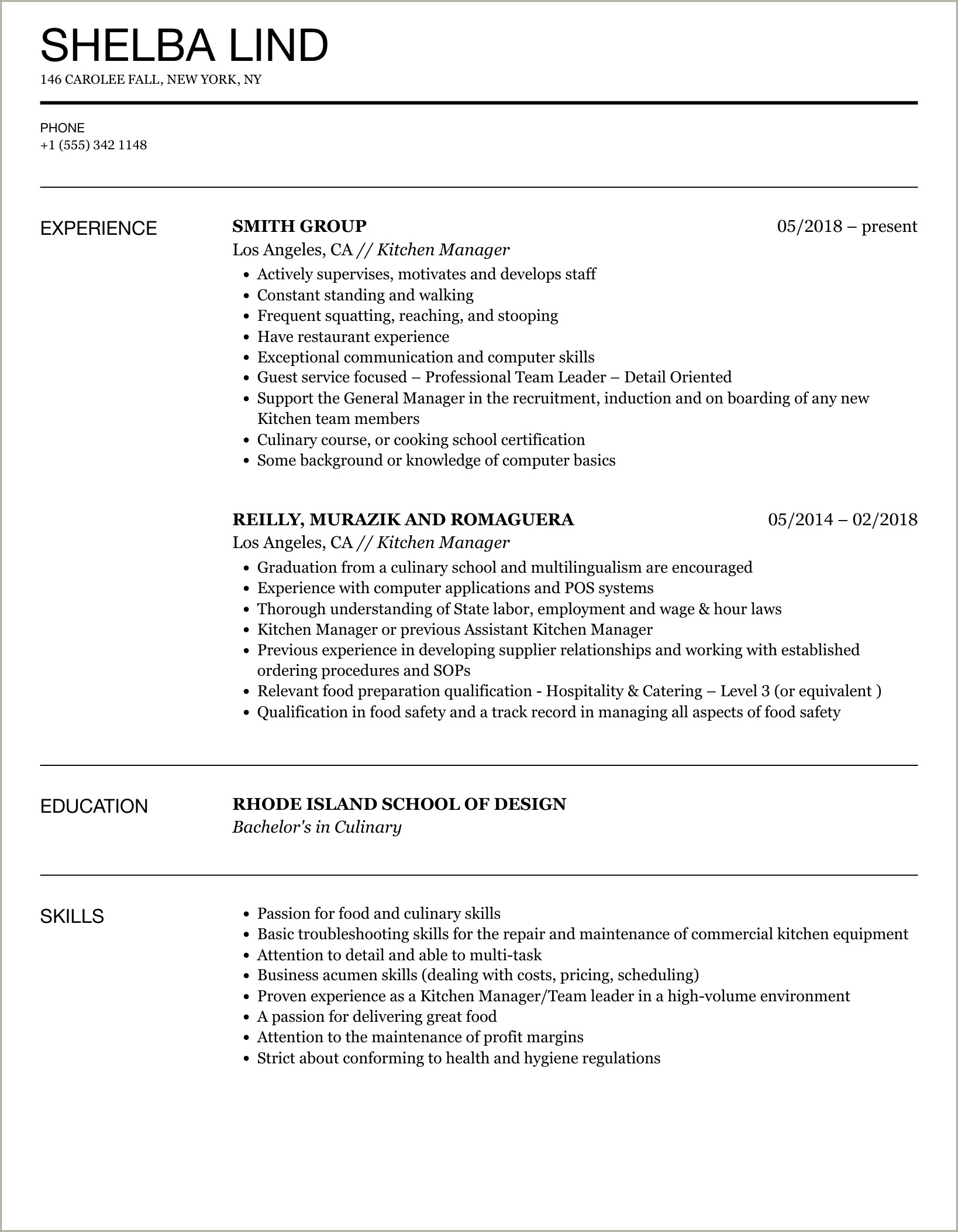 Need Resume For Kitchen Manager Positions