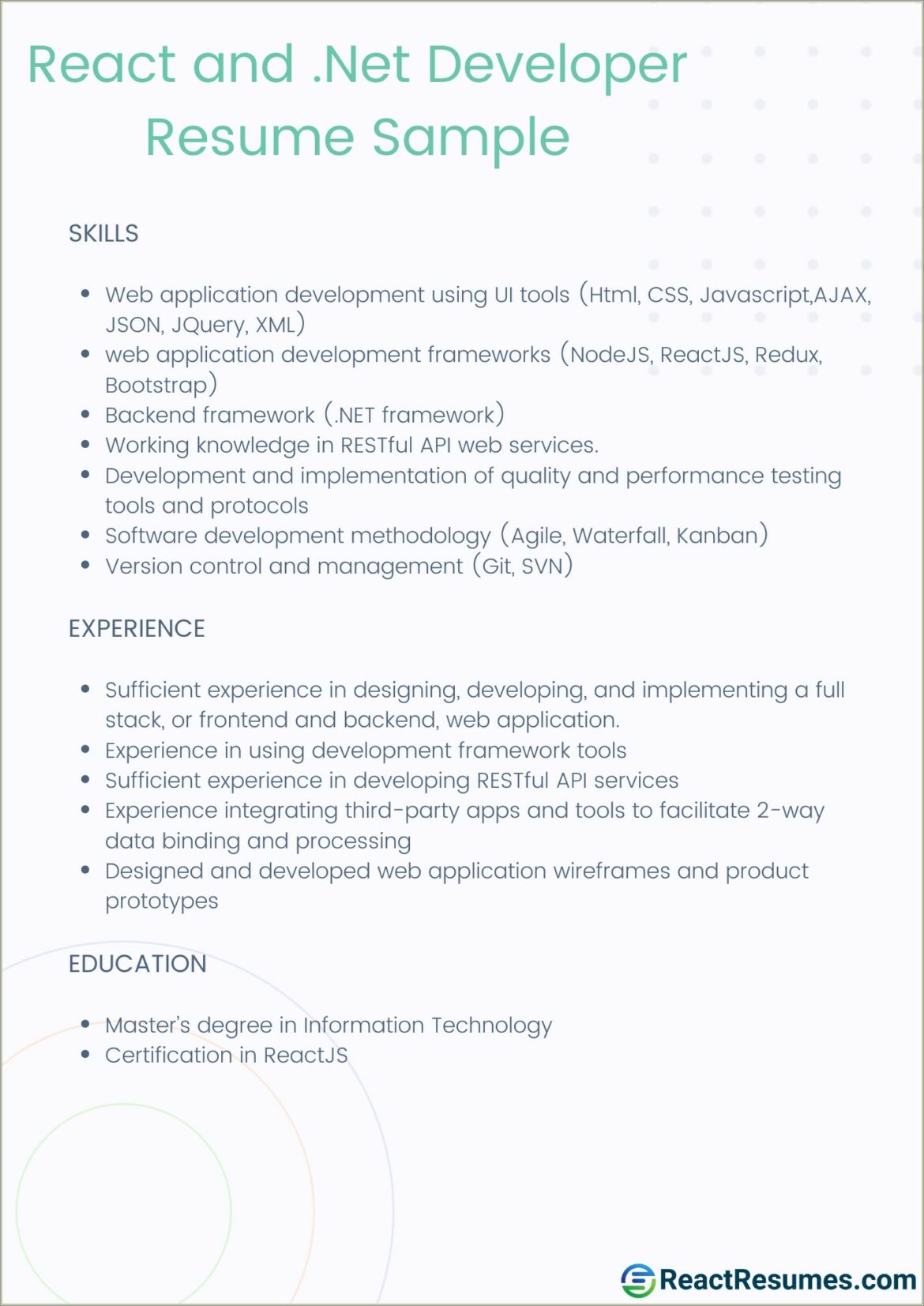 Net Developer With React Js Sample Resume