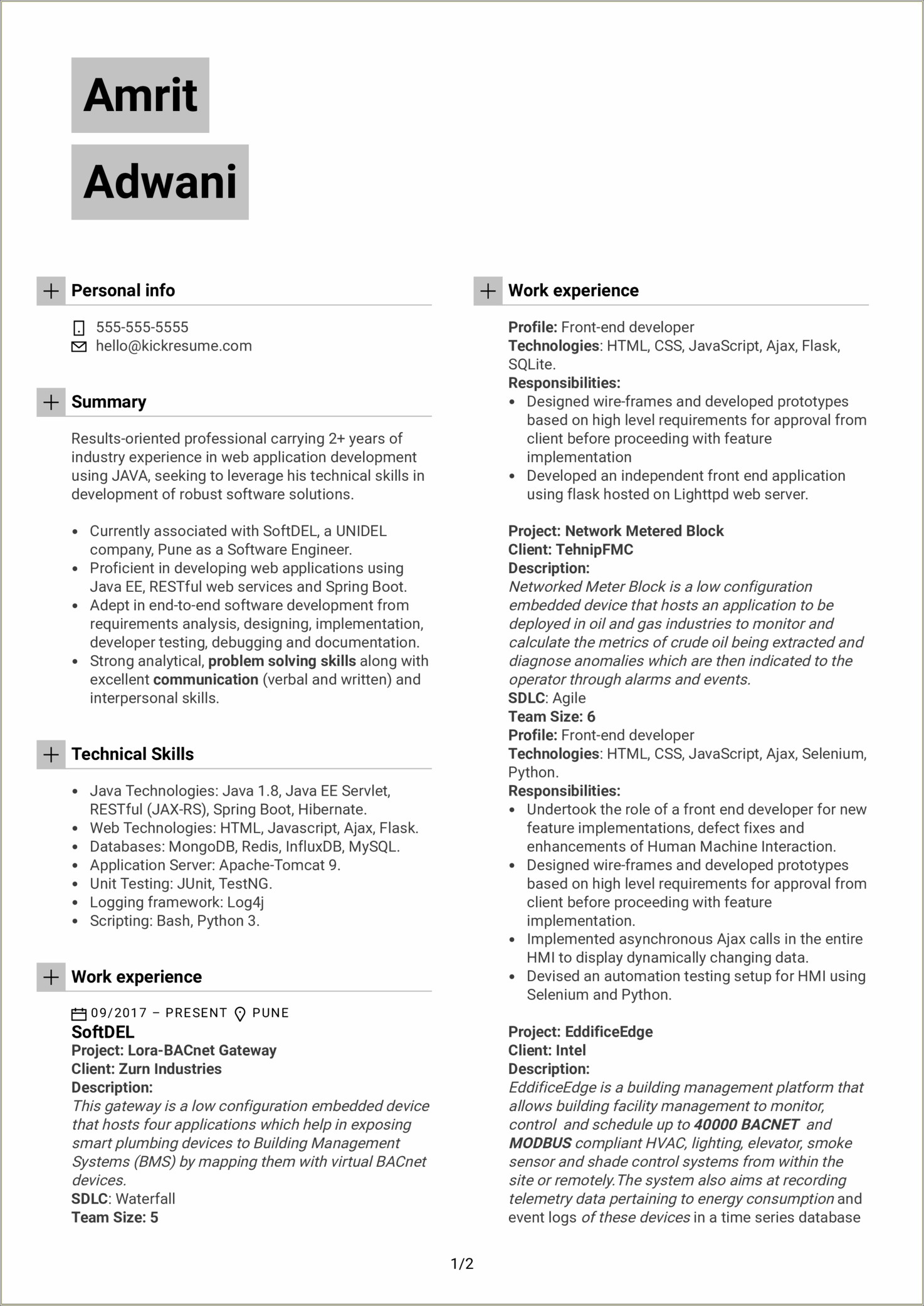 Net Front End Developer Sample Resume