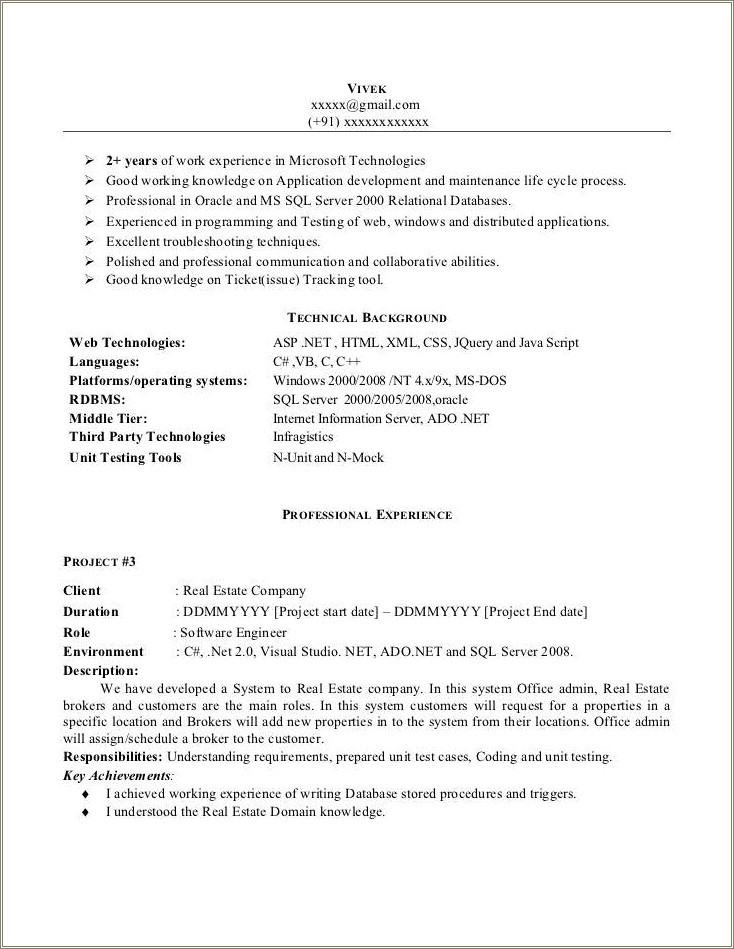 Net Sample Resume For Maintenace Projects