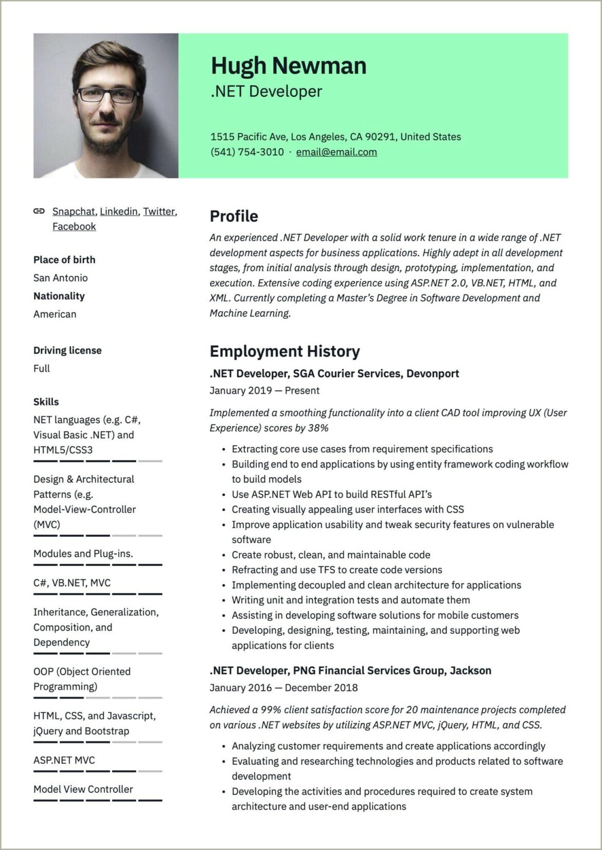 Net Sample Resume For Mvc Application