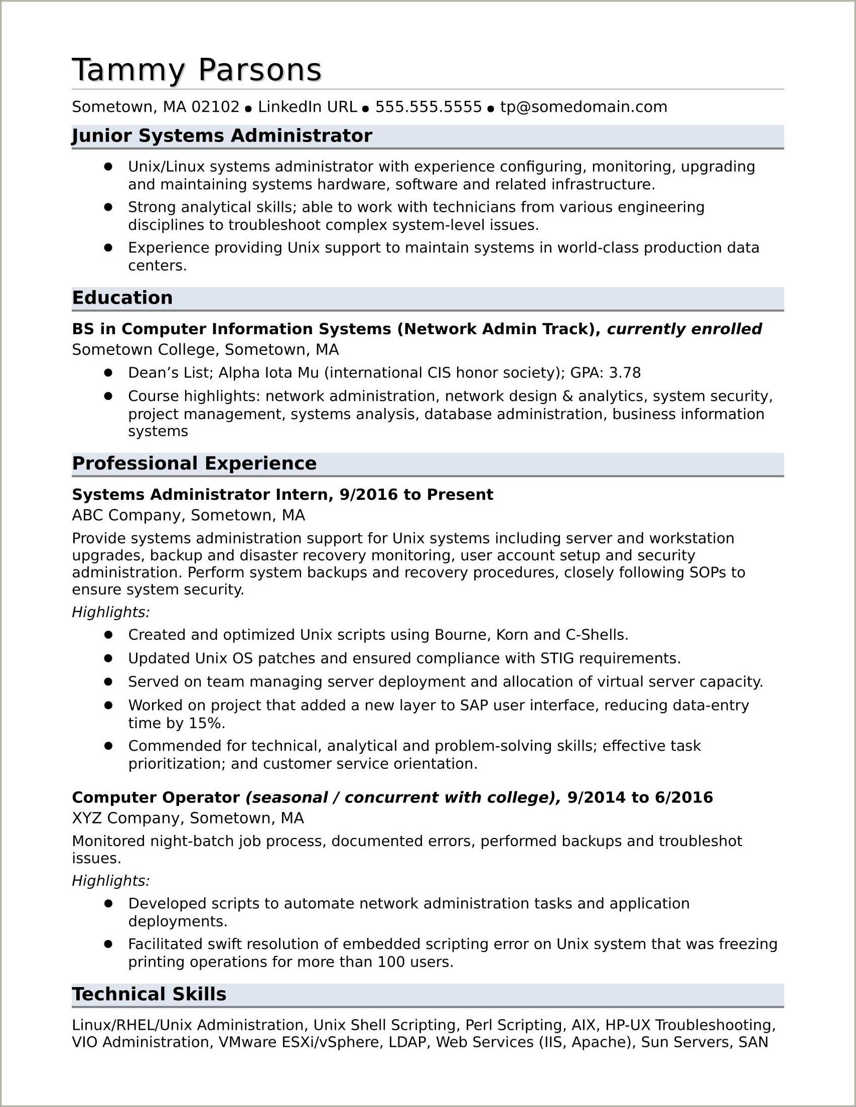 Network Administrator Resume For Graduate School