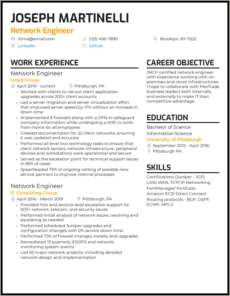 Network Engineer 2 Years Experience Resume
