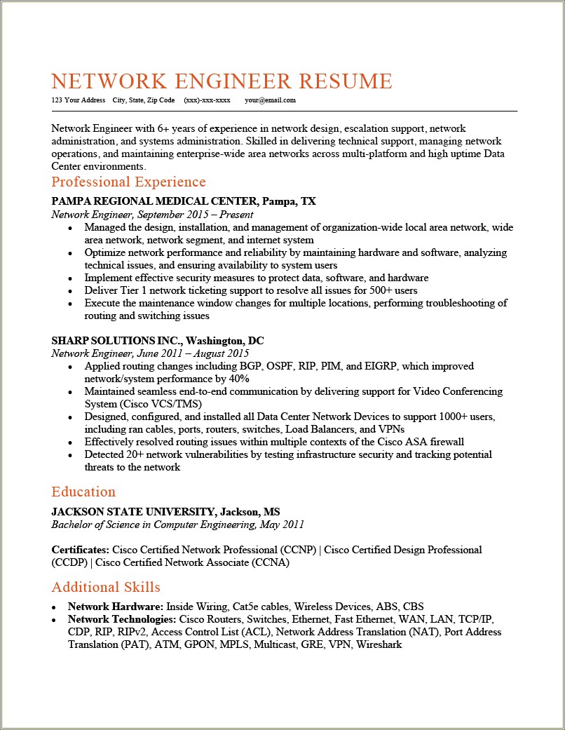 Networking Job Resume With 2 Years Experience