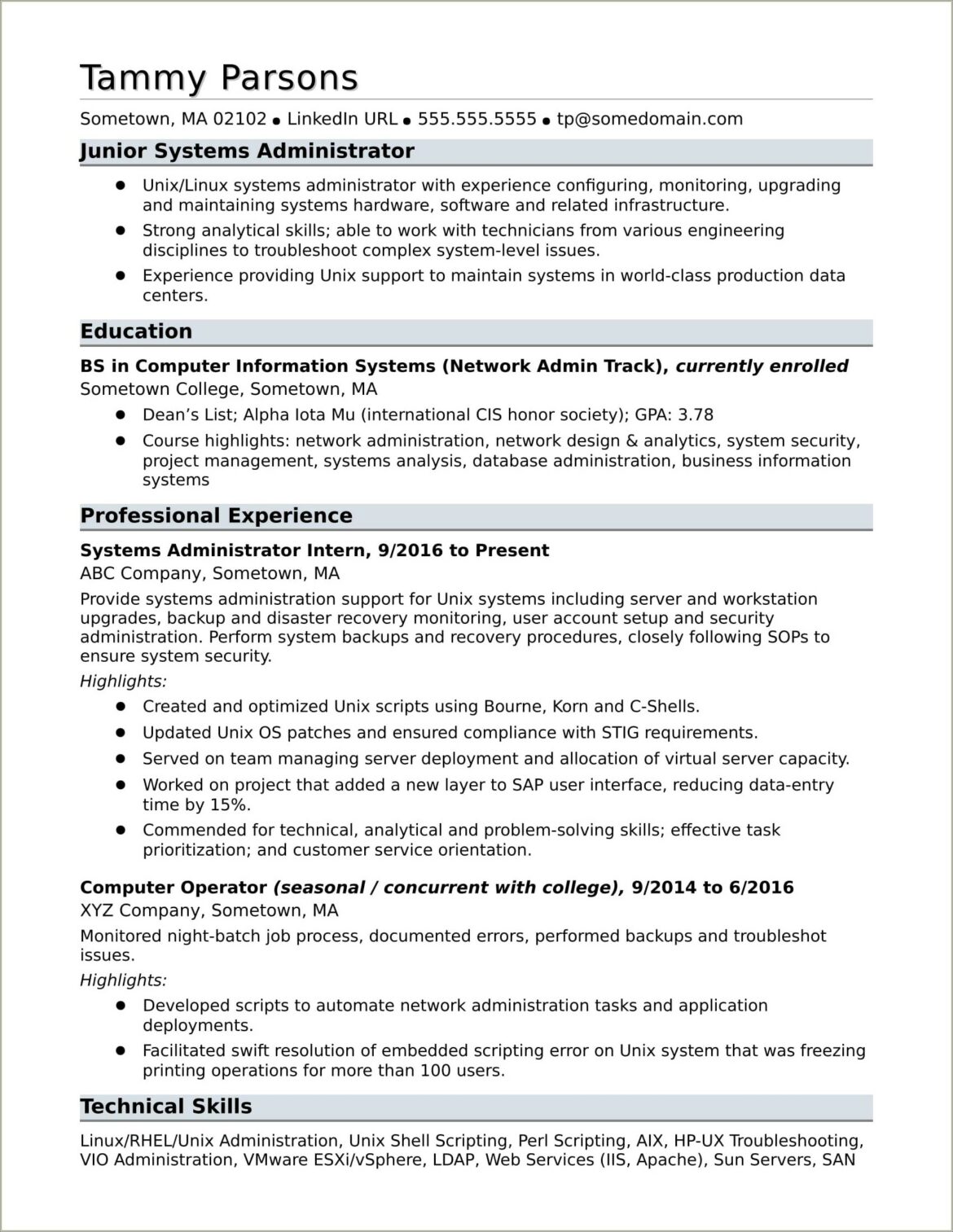 Networking Resume Sample Without Work Experience