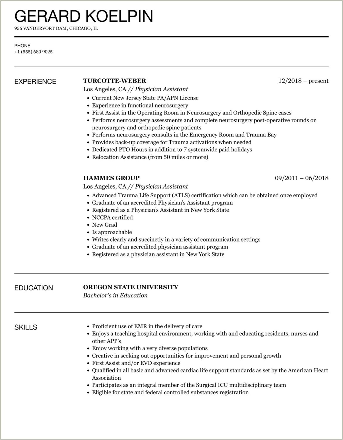 Neuro Interventional Physician Assistant Resume Sample