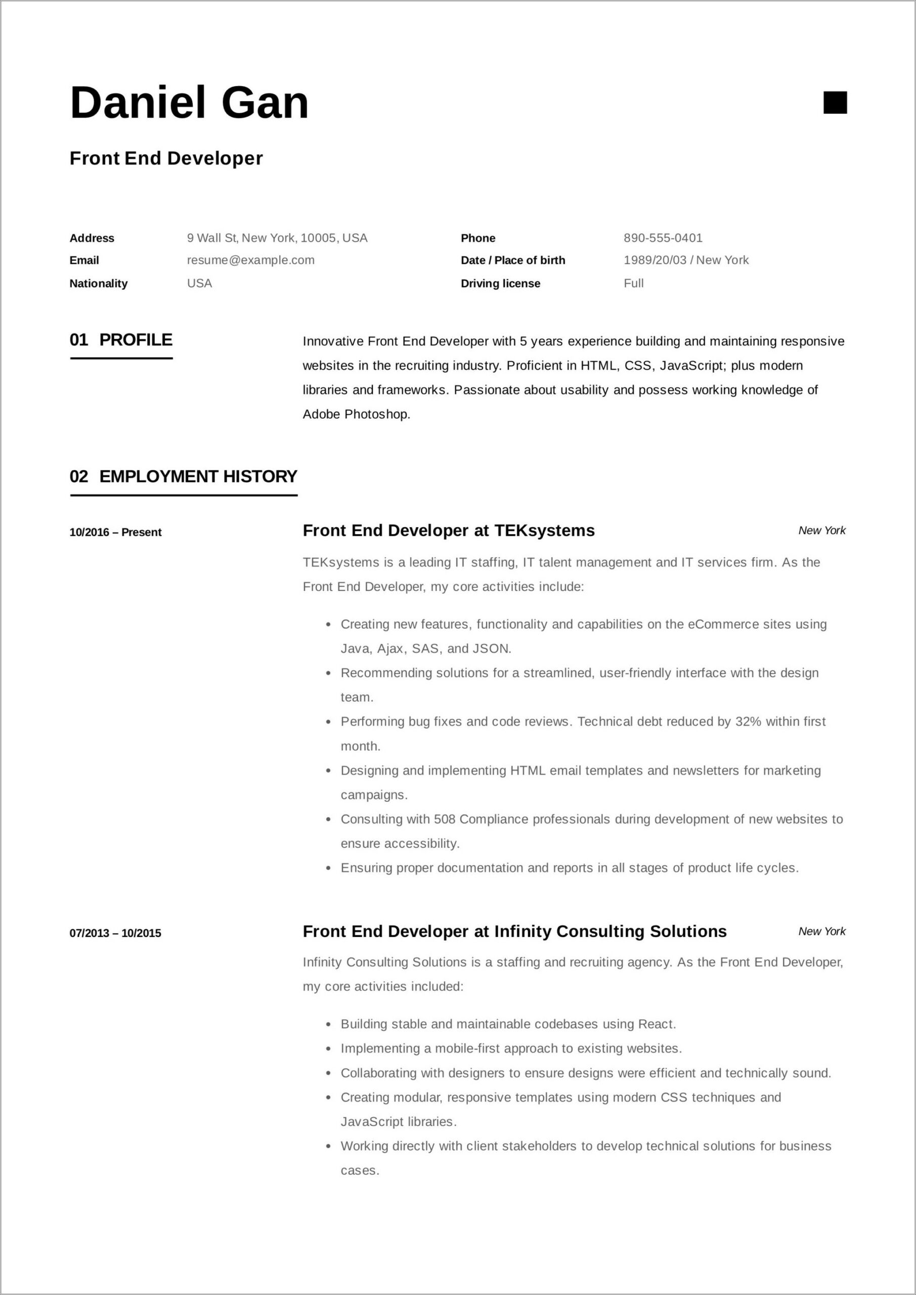New Front End Developer Resume Example