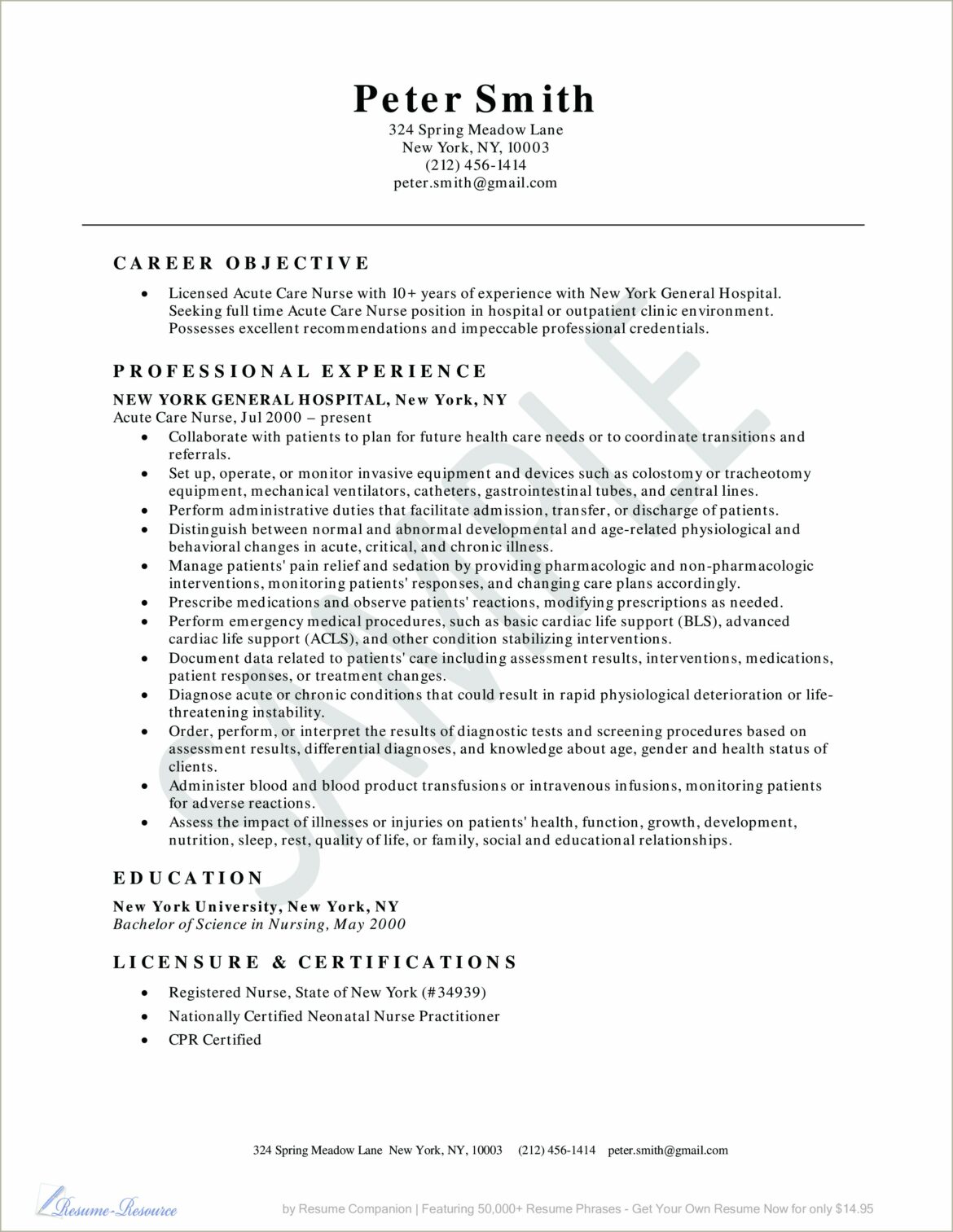 New Grad Acute Care Nurse Practitioner Resume Examples