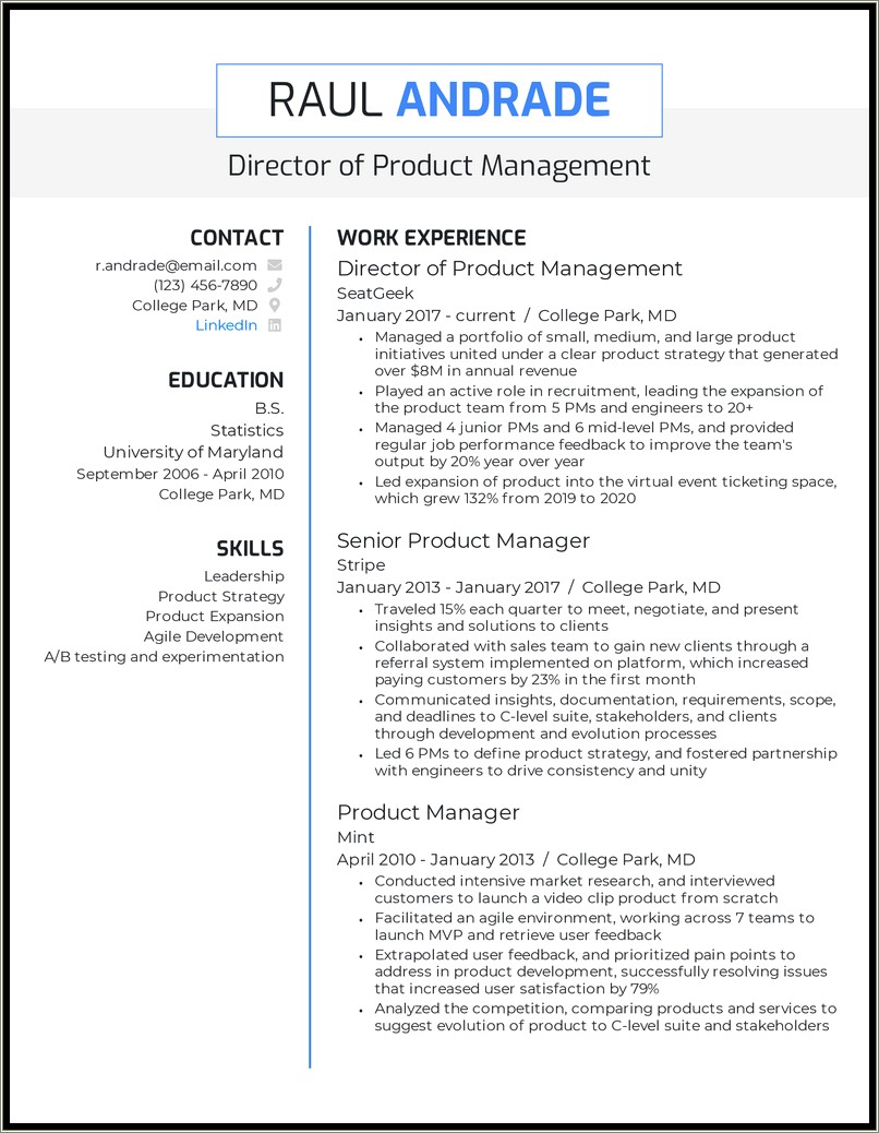 New Product Development Manager Resume Sample