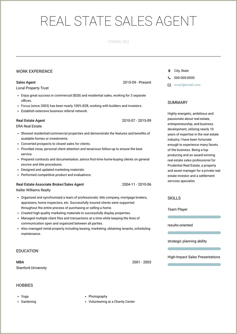 New Real Estate Agent Resume Example