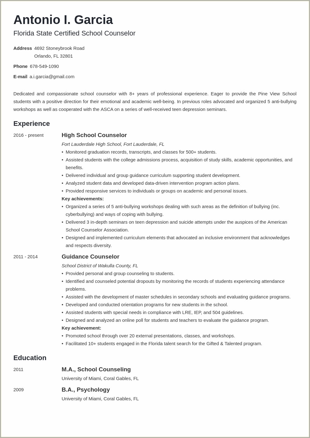 New School Counselor Resume Before License