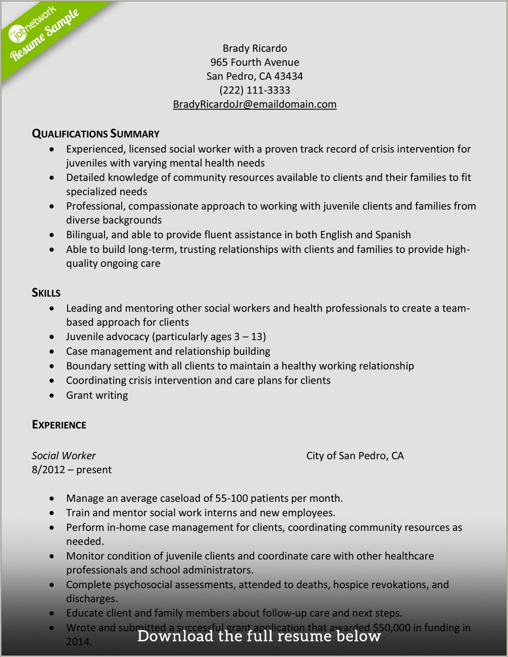 New York Licensed Social Worker Resume