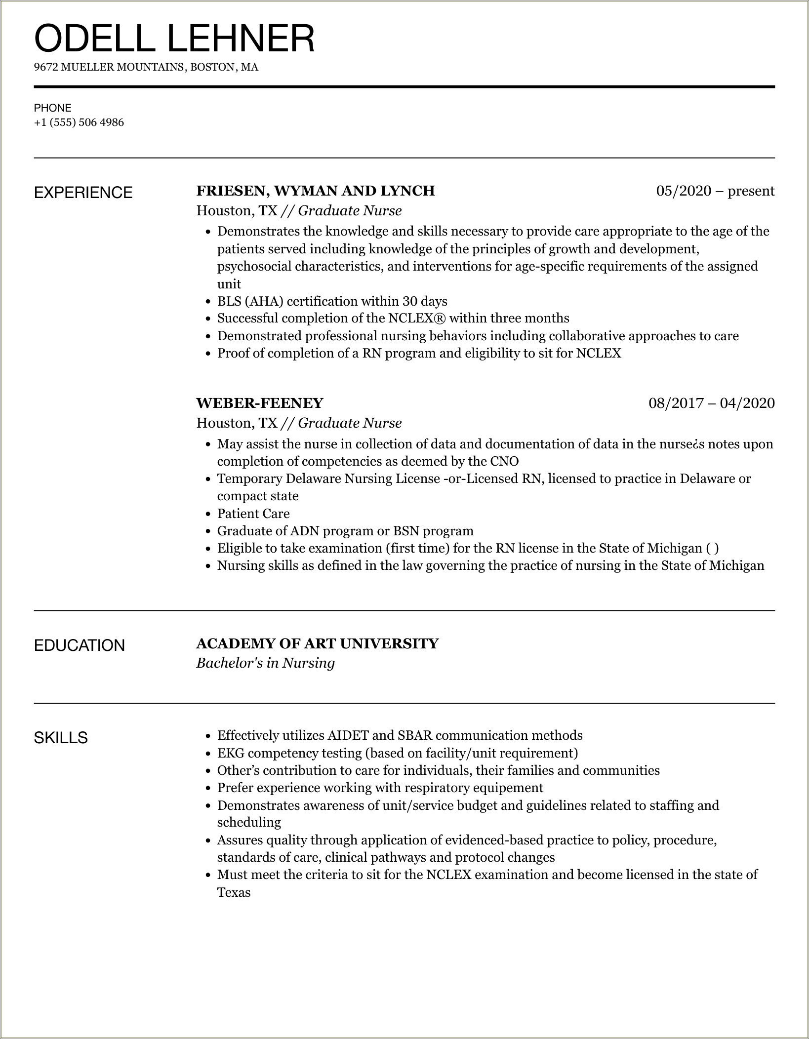 Newly Graduate Registered Nurse Summary Resume