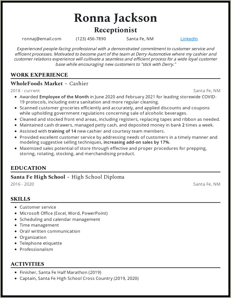 No Experience Entry Level Receptionist Resume