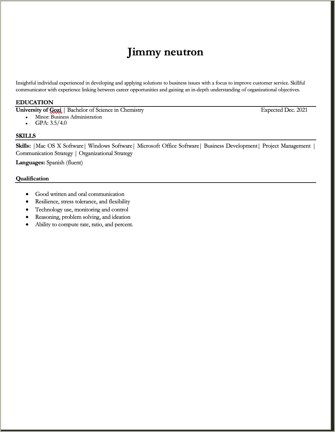 No Experience Job Skills Description Resume