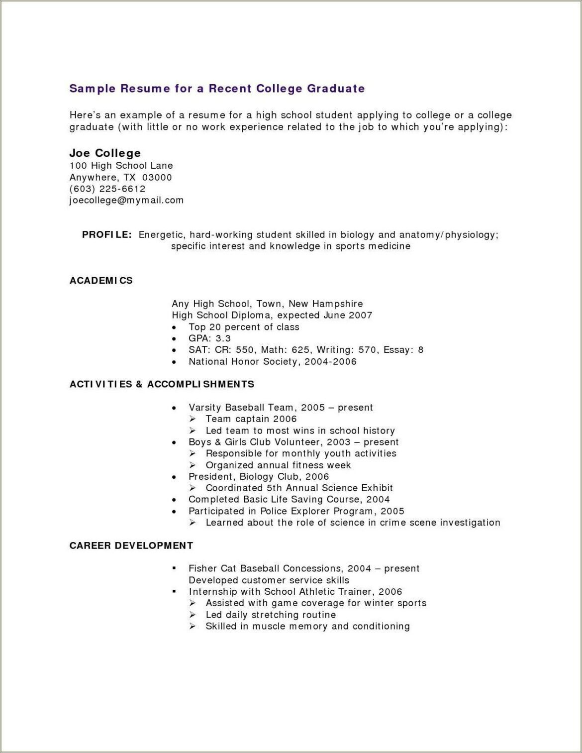 No Experience Resume For Highschool Students