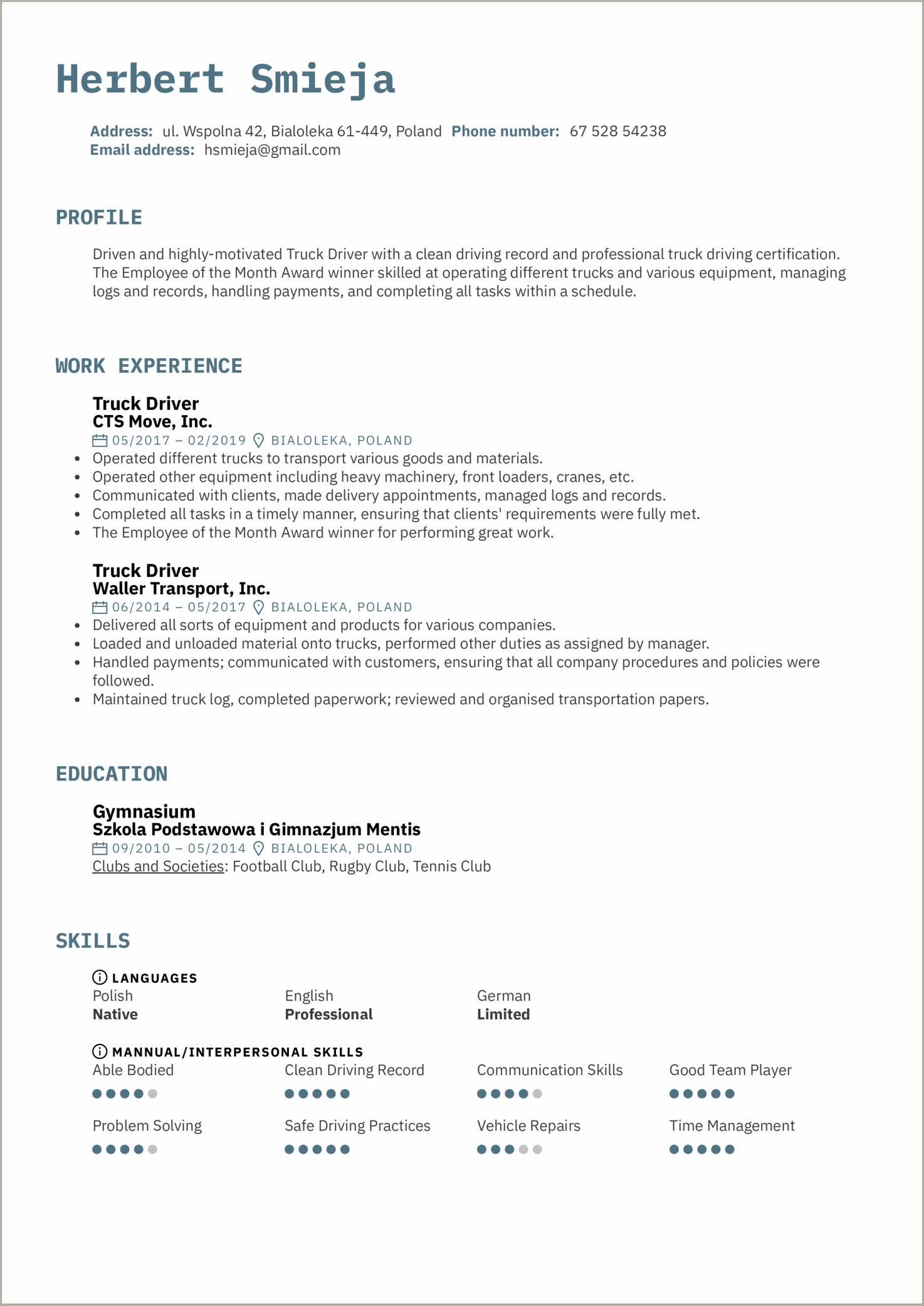 No Experience Truck Driver Resume Sample
