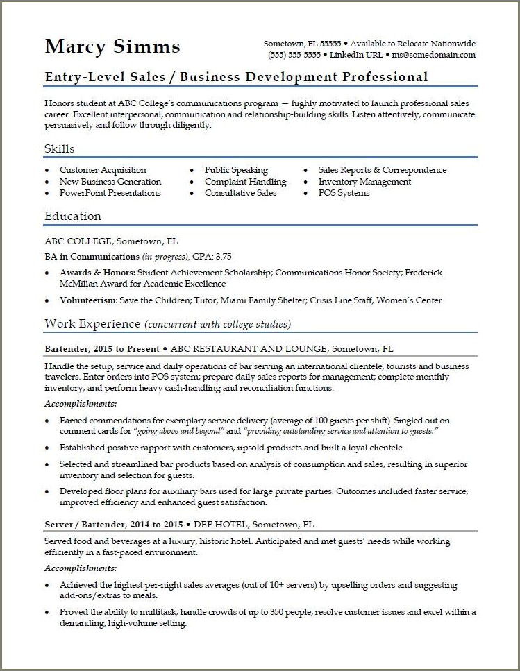 No Job Experience Resume Summary Examples