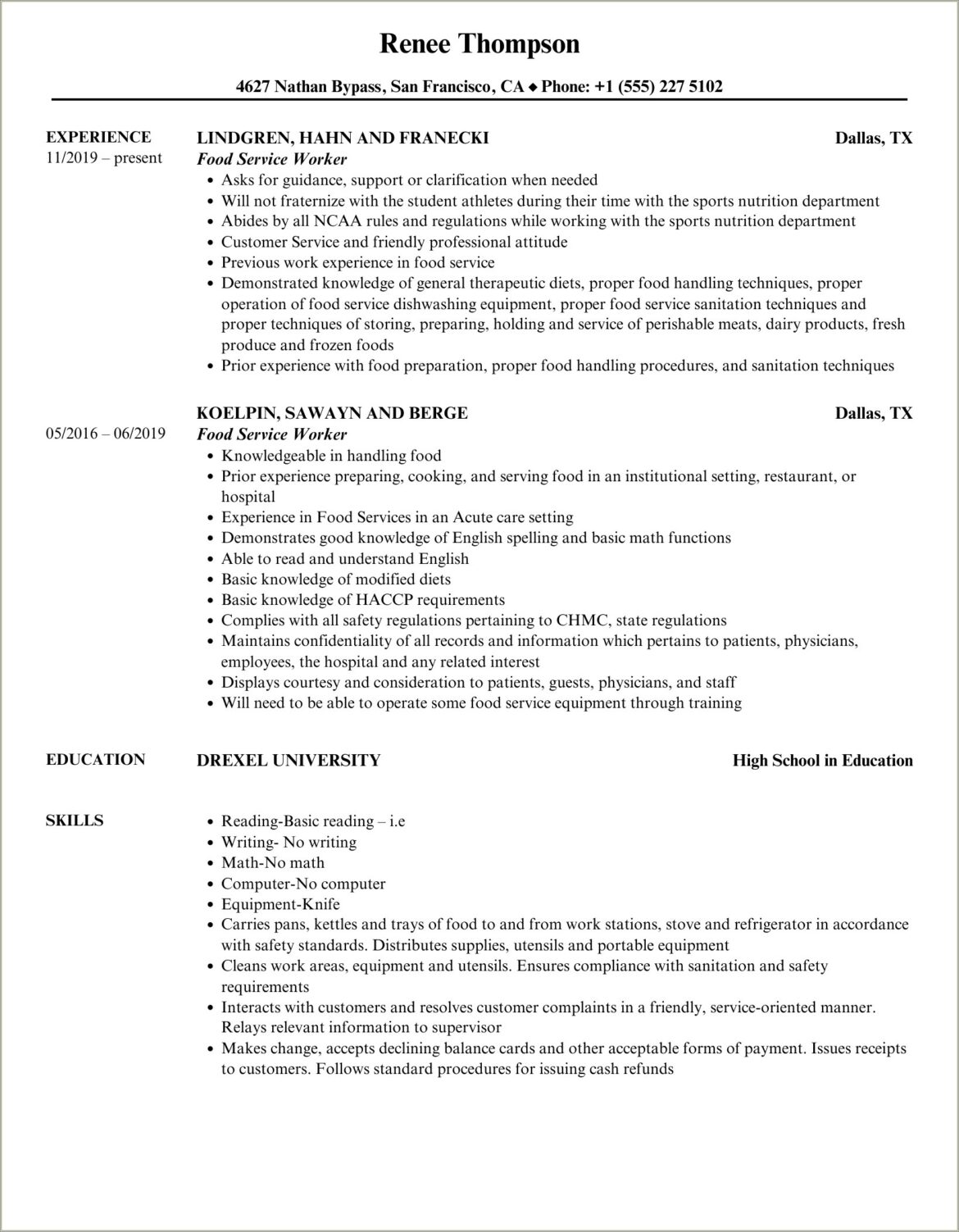 Non Academic Resumes For Food Service Job