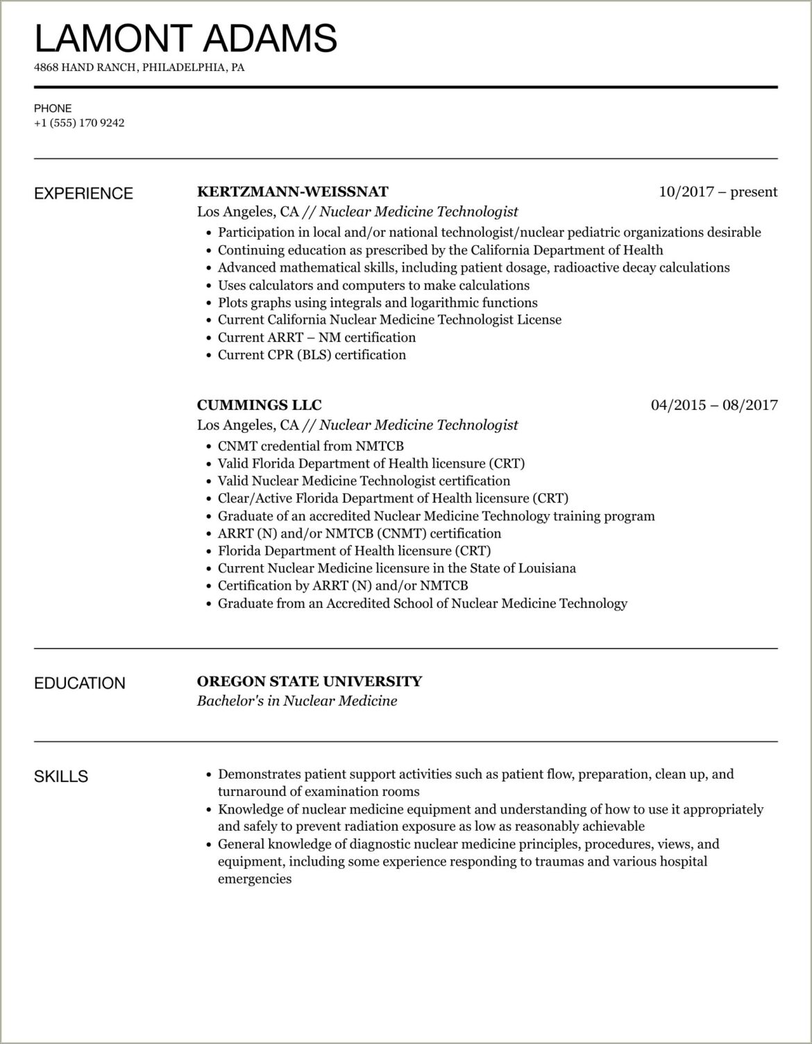 Nuclear Medicine Technologist Resume Sample In Word