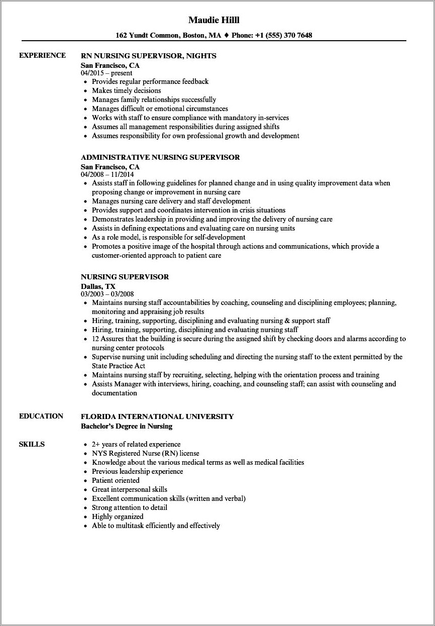 Nurse Manager Job Description For Resume