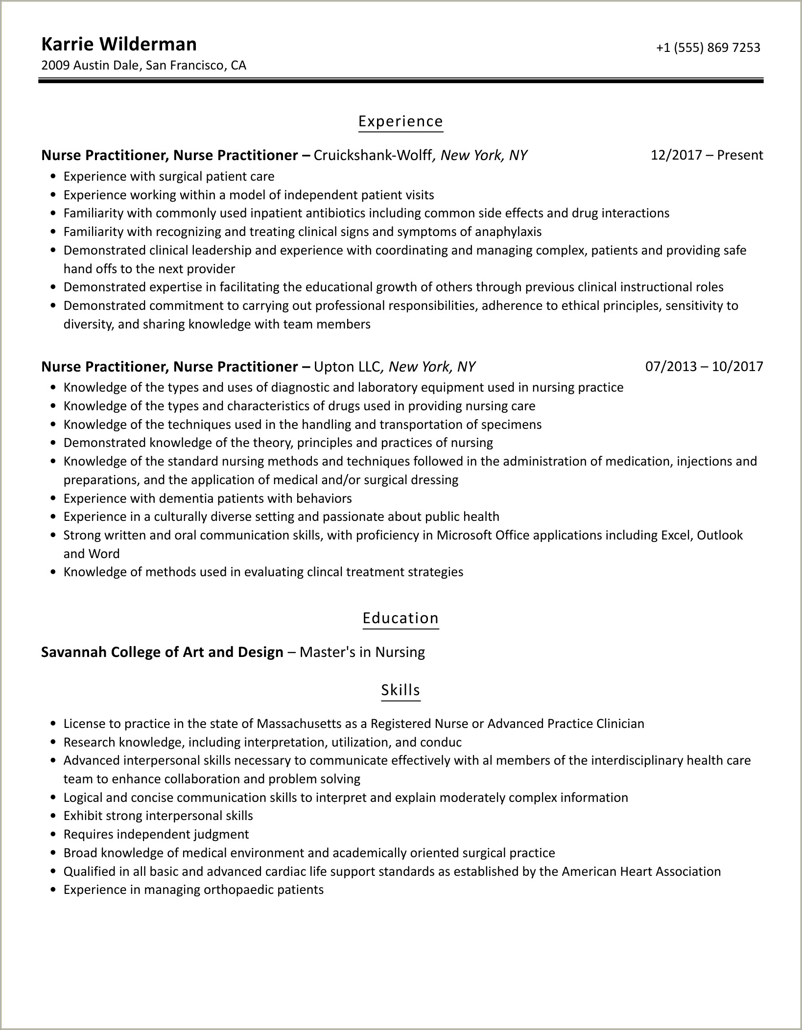 Nurse Practitioner Interventional Neurosurgery Sample Resume