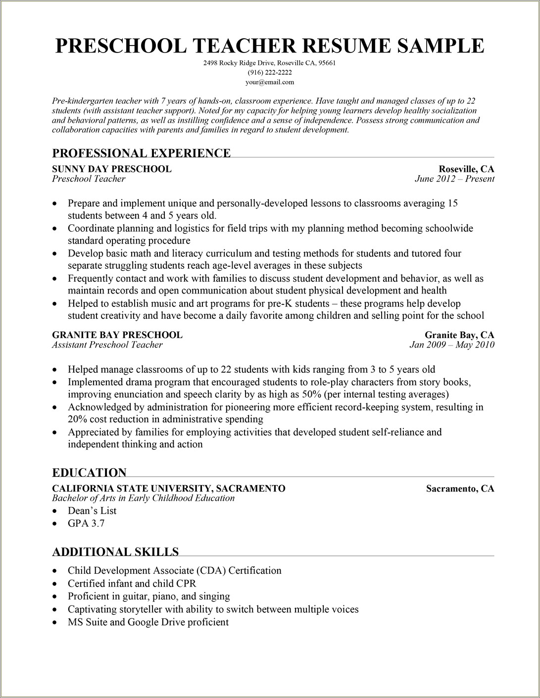 Nursery Teacher Job Description For Resume