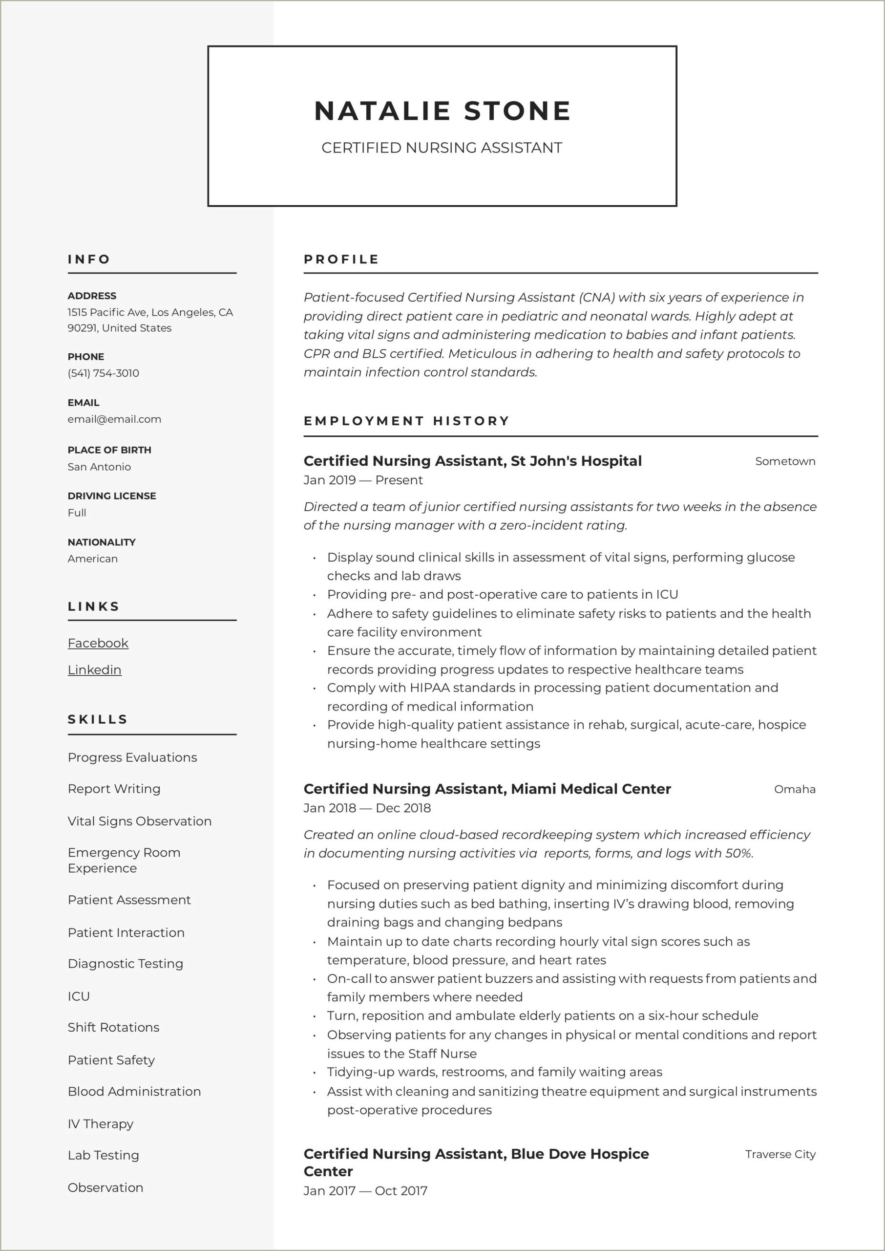 Nursing Assistant Sample Resume For Federal Governenment