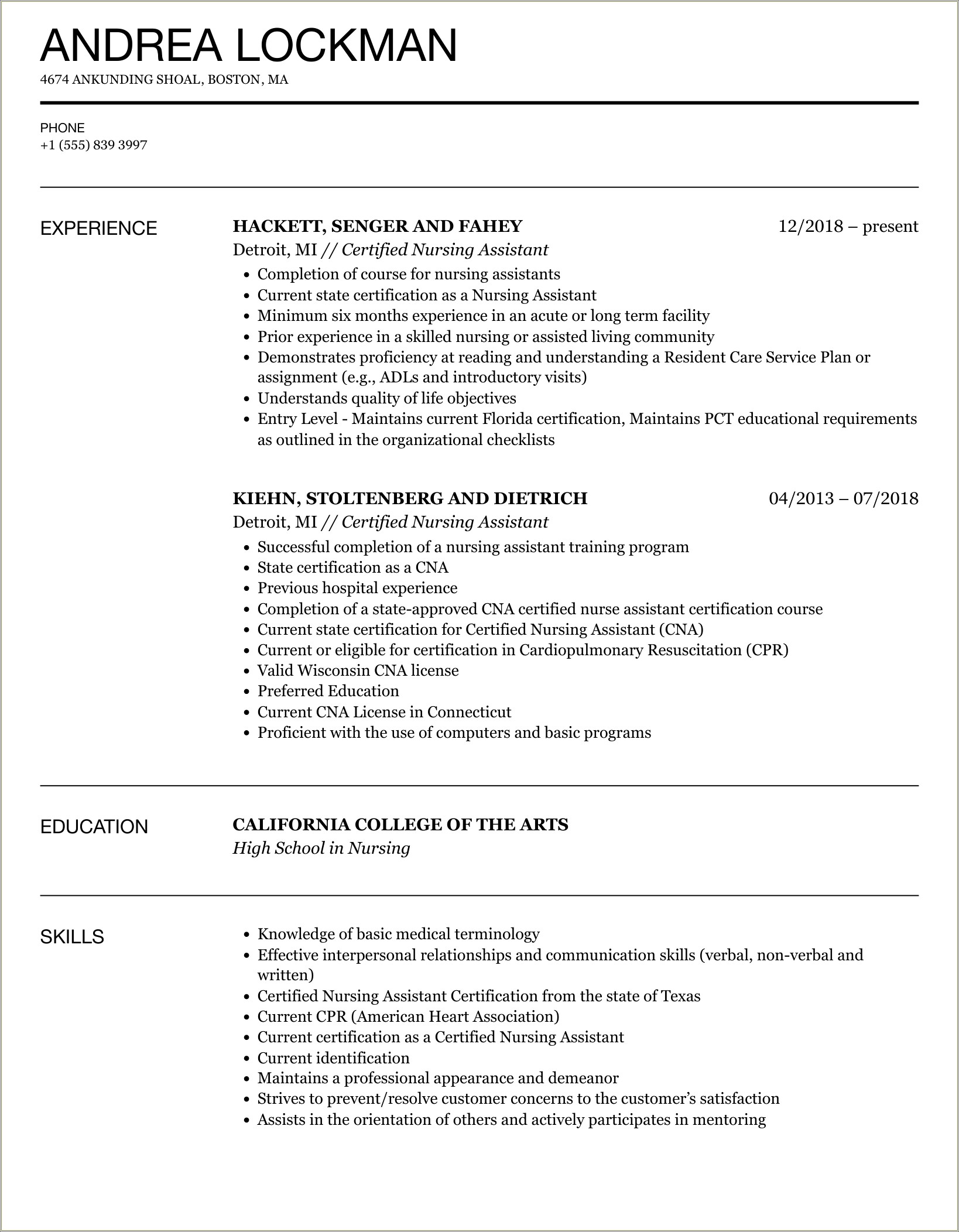 Nursing Assistant Sample Resume With No Experience