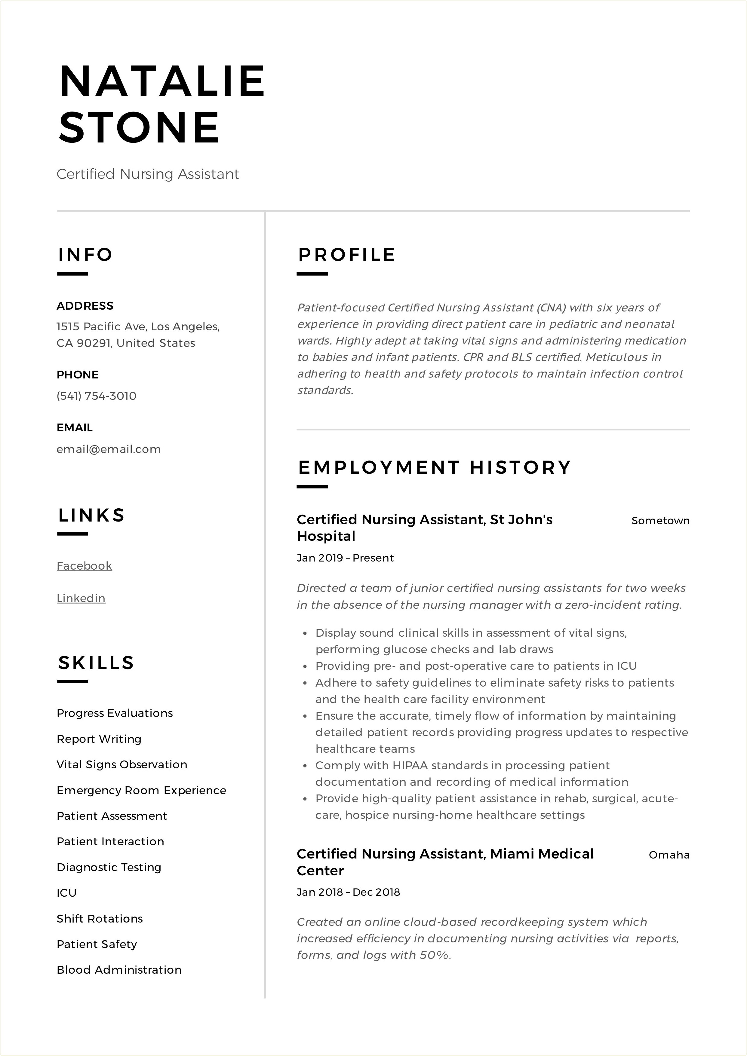 Nursing Assistant Skills And Proficiencies Resume
