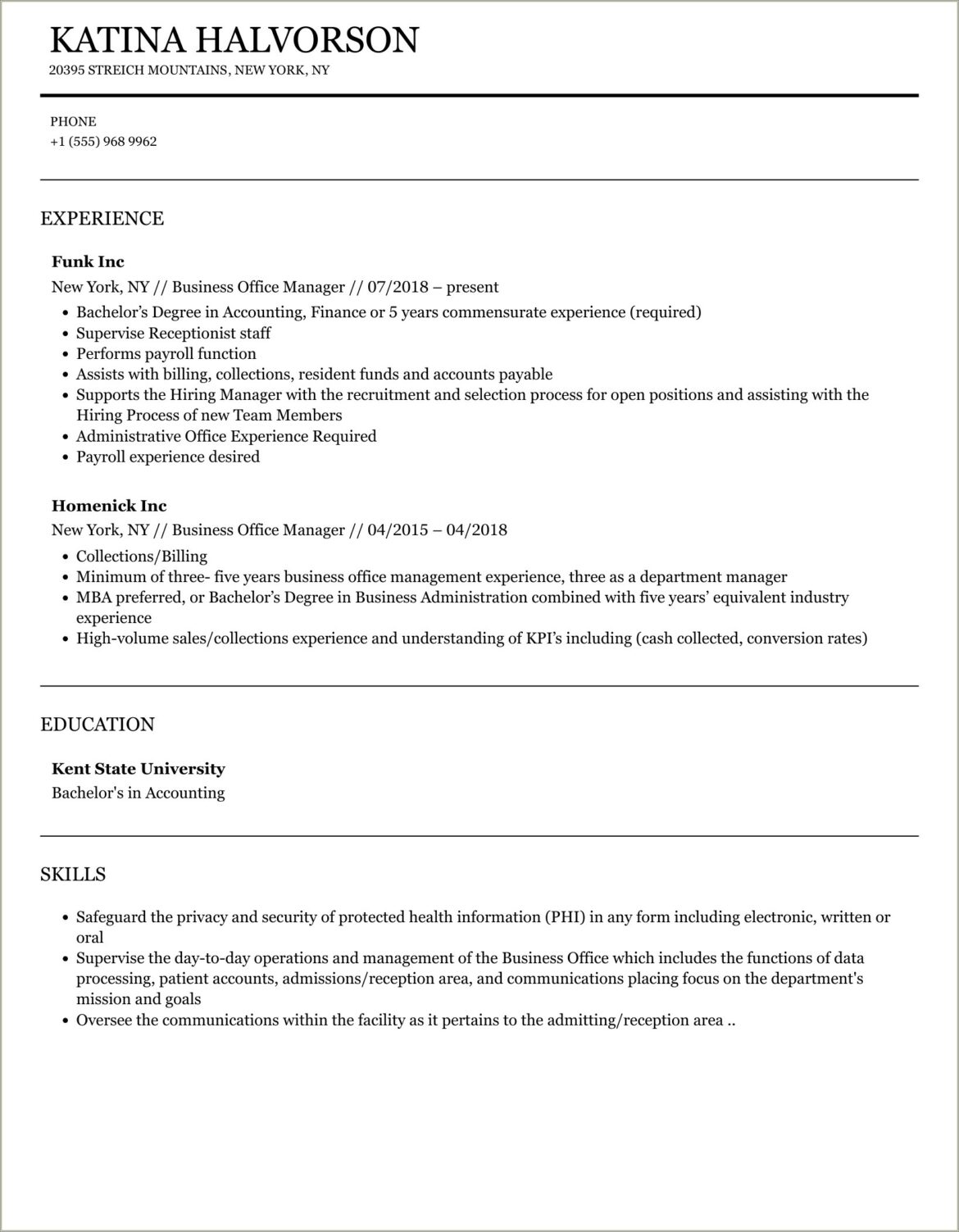 Nursing Home Business Office Manager Resume