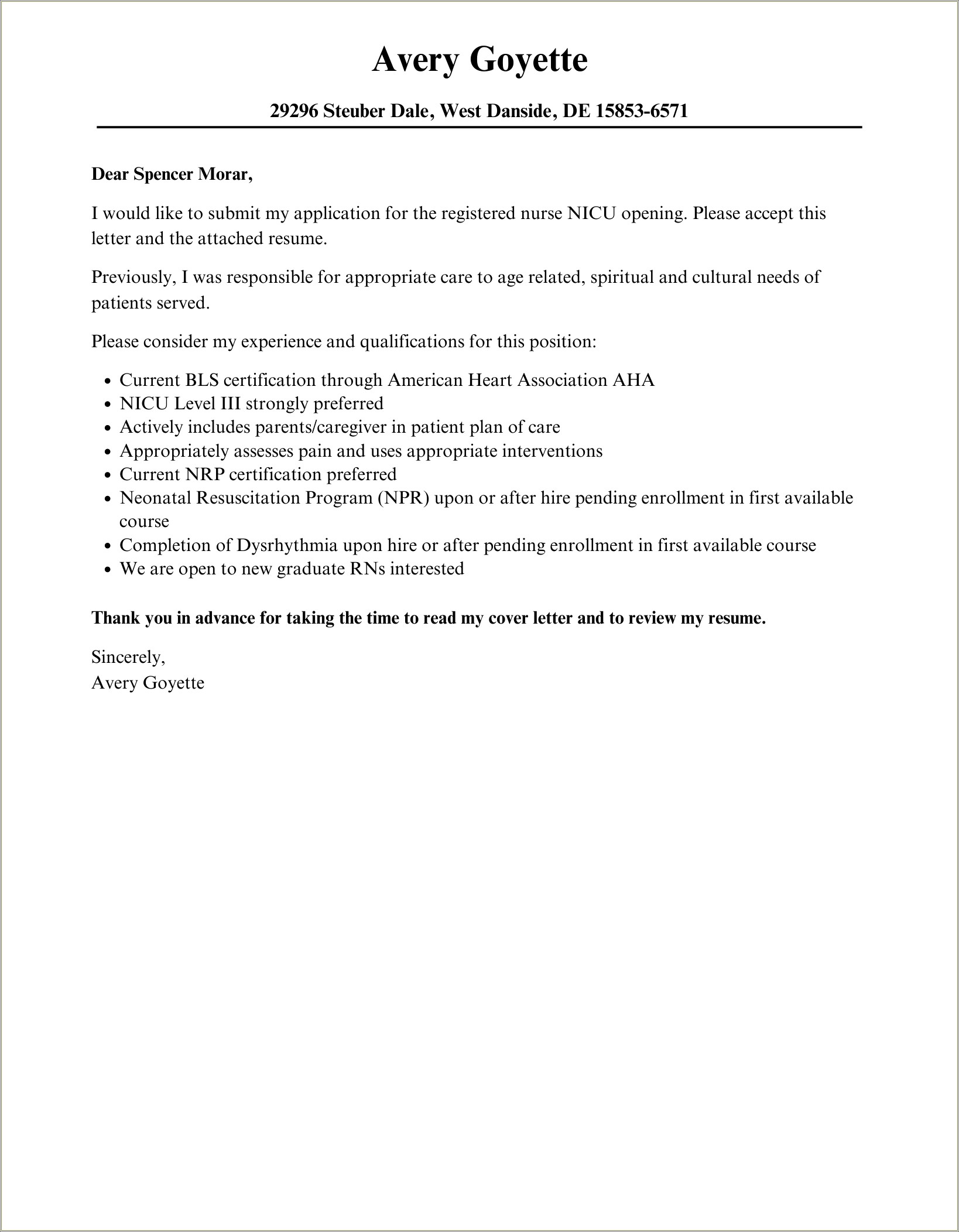 Nursing Resume Cover Letter Rn Position