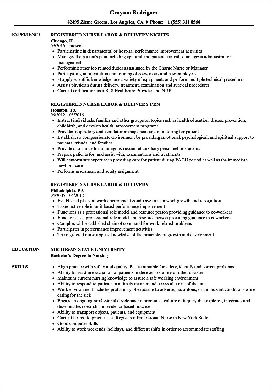 Nursing Resume Examples Labor And Delivery