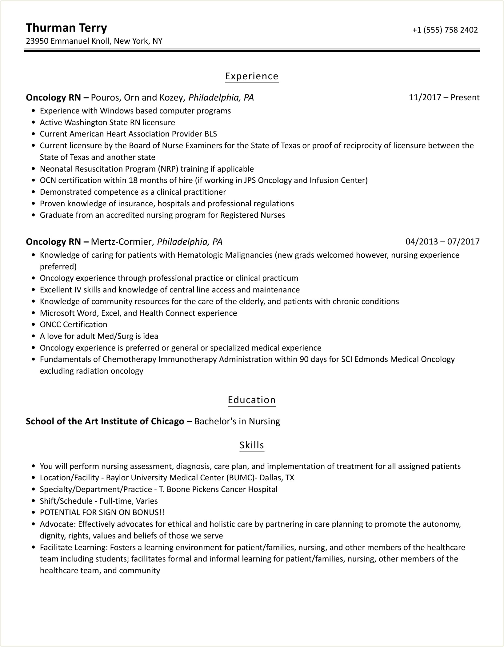 Nursing Resume With One Year Experience In Oncology