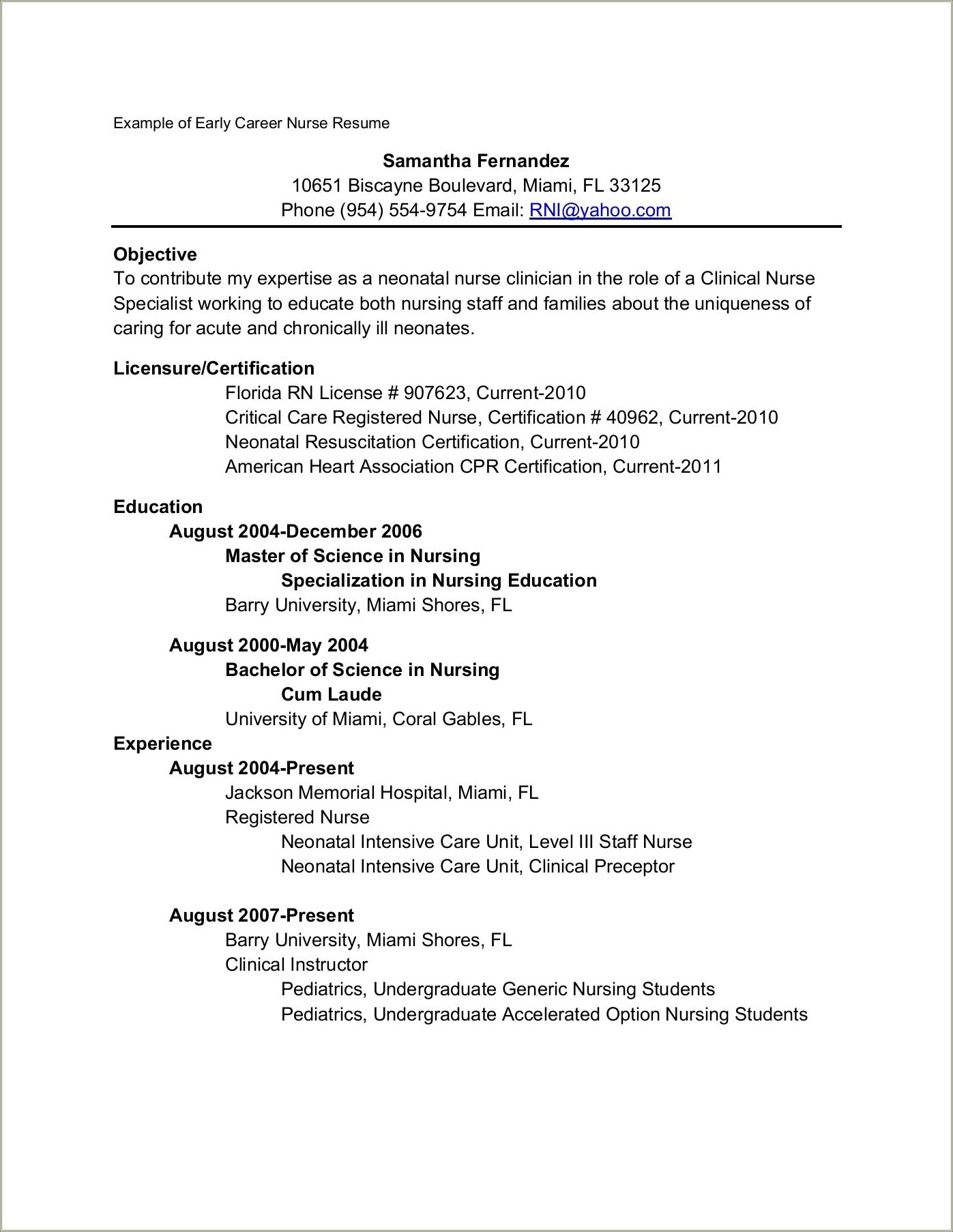 Nursing Student Preceptorship Objective Statement Resume