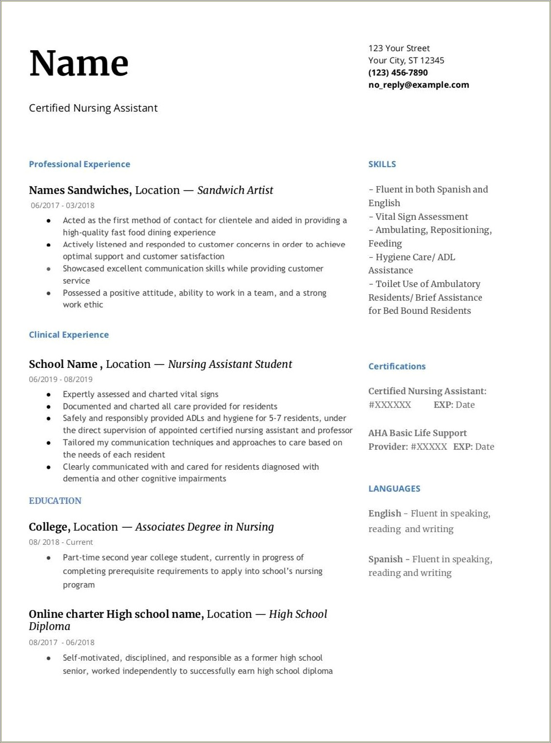 Nursing Student Resume With Cna Experience