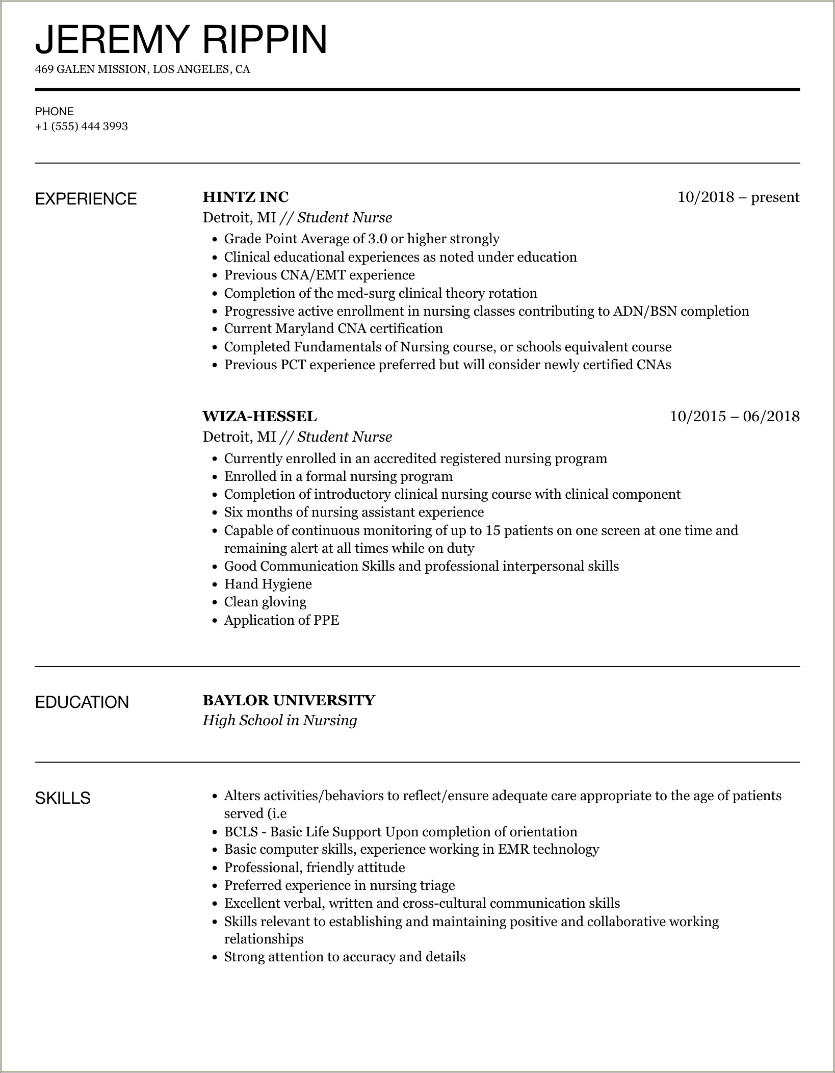 Ob Student Nurse Clinical Experience Resume