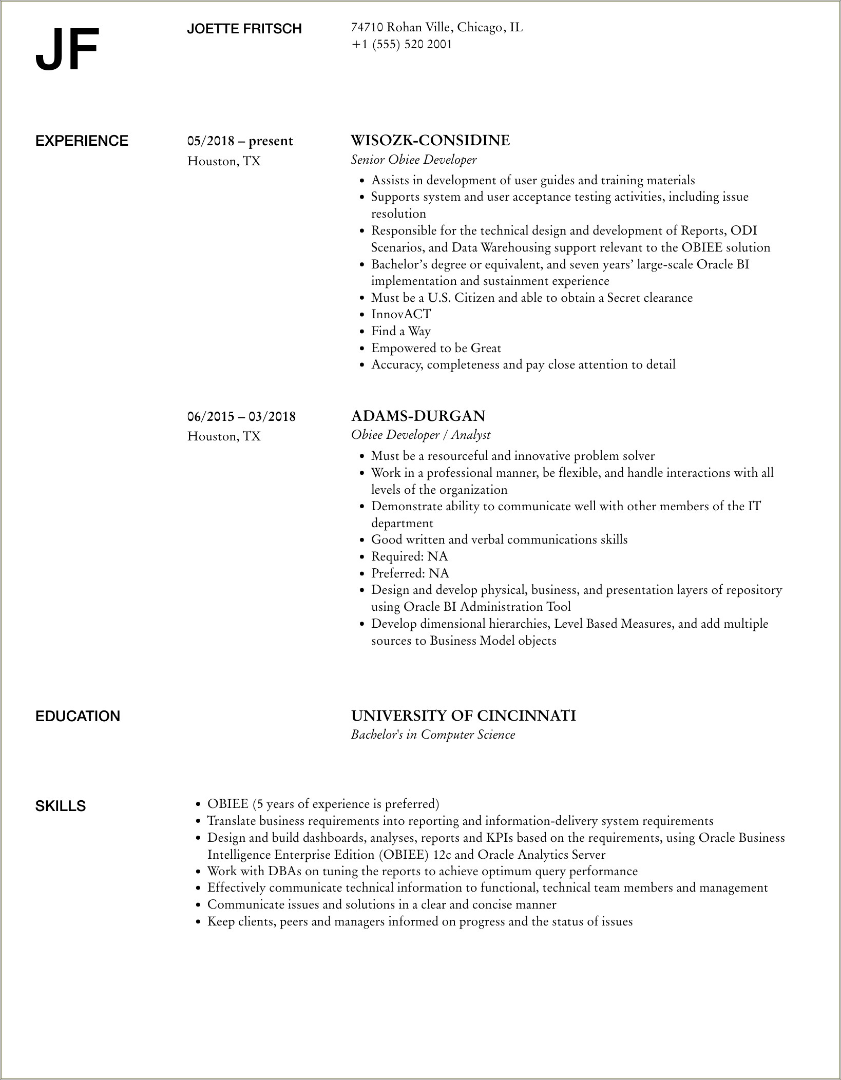 Obiee Developer 7 Years Experience Resume