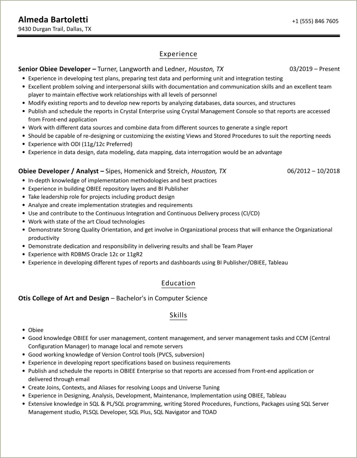 Obiee Developer Resume With 8 Years Experience