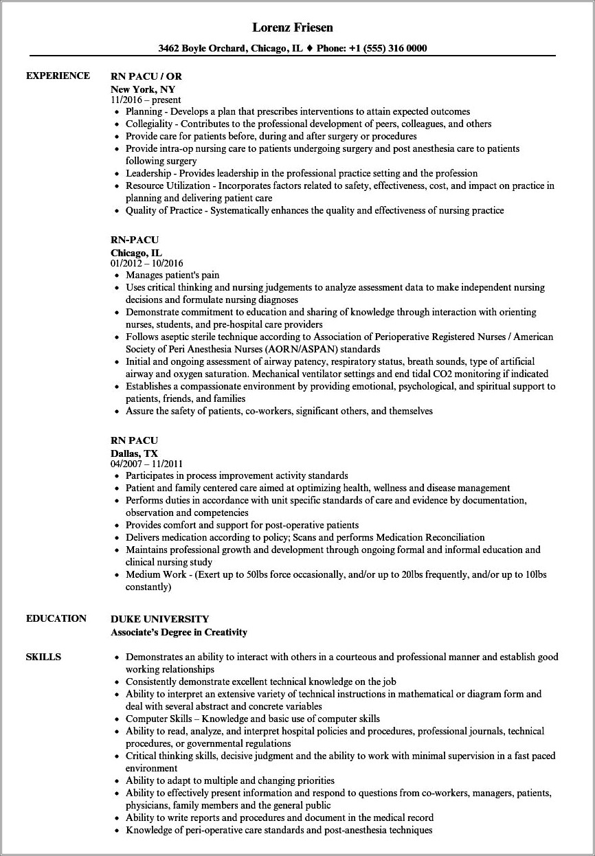 Objective Example For Pacu Nurse Resume