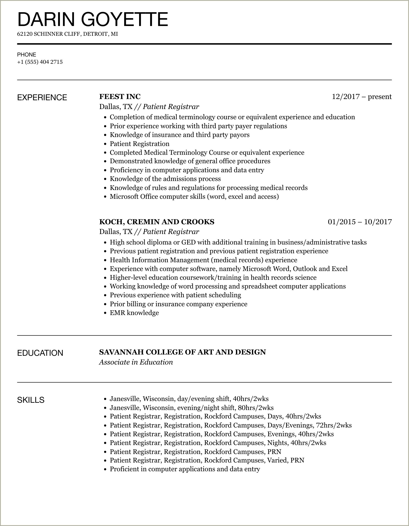 Objective Examples For Patient Registrar Resume