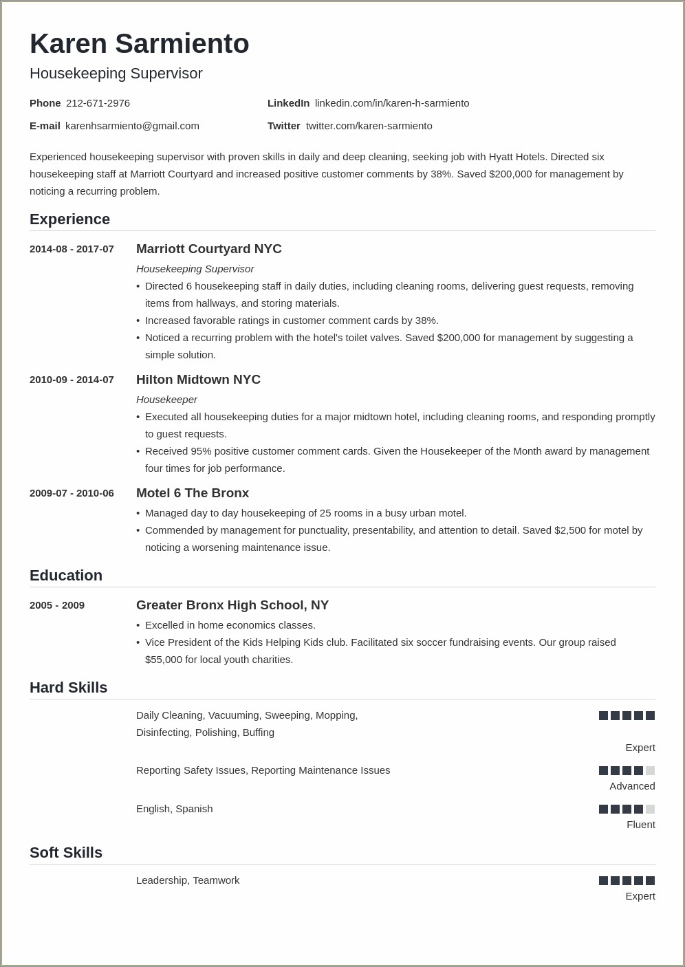 Objective Examples For Resume Cleaning Hotel Rooms