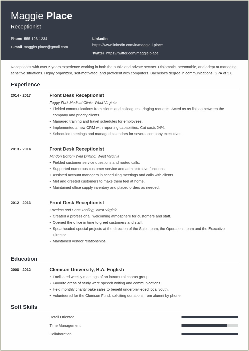 Objective Examples For Resume For Receptionist