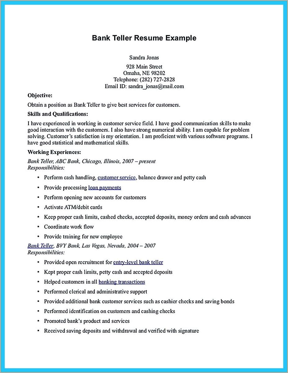 Objective For A Bank Job Resume