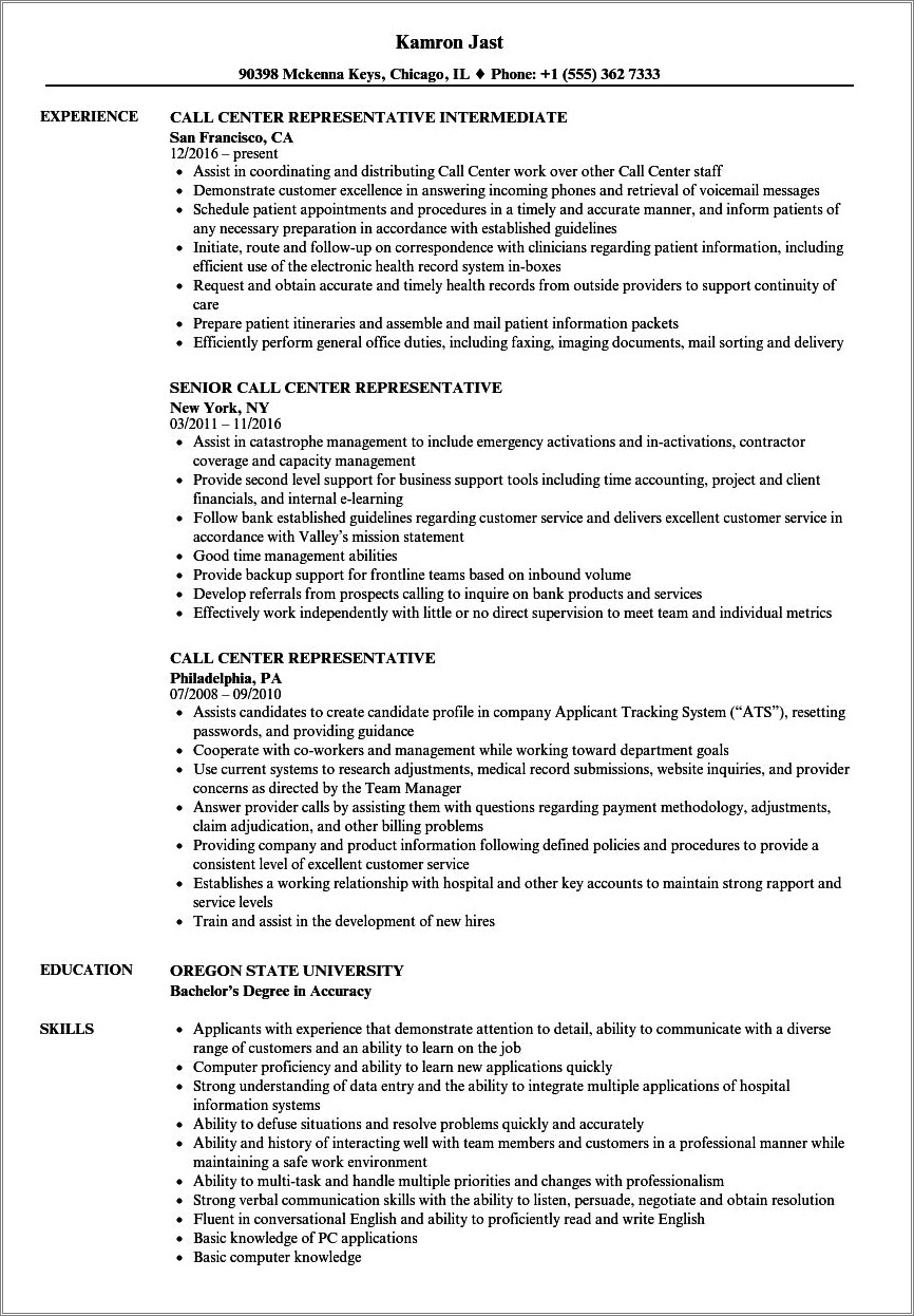 Objective For A Caller Representative Resume