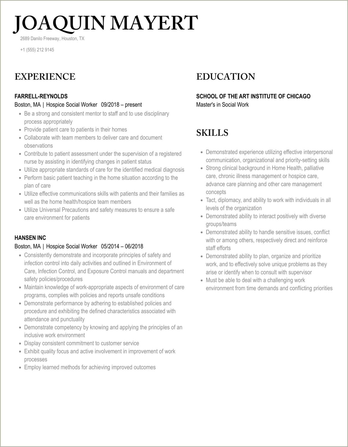 Objective For A Hospice Social Worker Resume