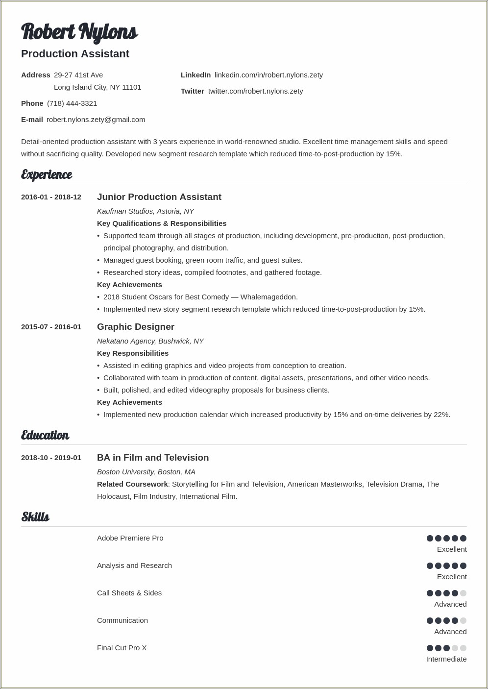 Objective For A Production Assistant Resume